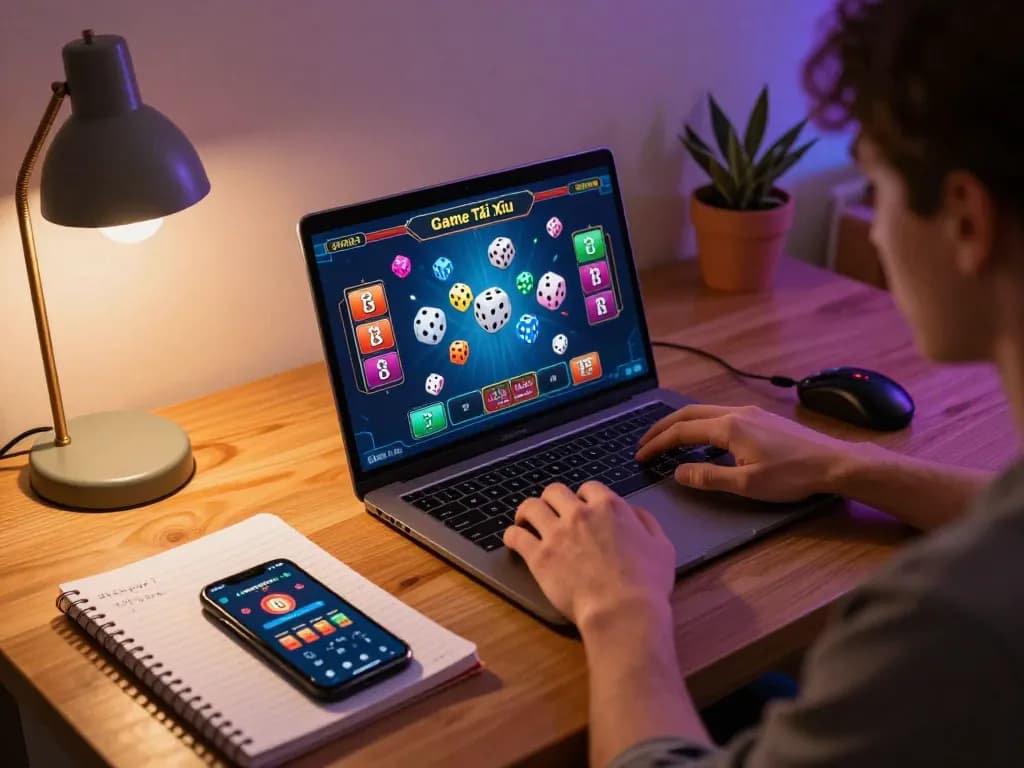 Player strategizing during a Game Tài Xỉu session on a laptop, showcasing a vibrant online gambling experience.
