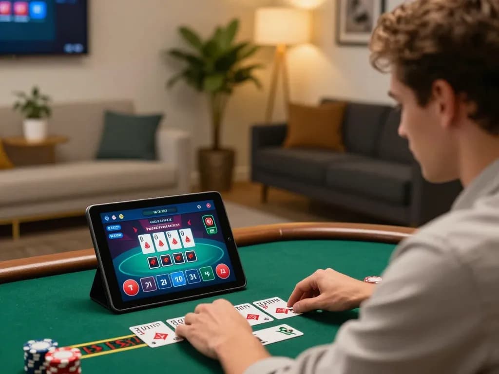 Player exploring tr88 live blackjack on tablet, showcasing engaging online casino gameplay.