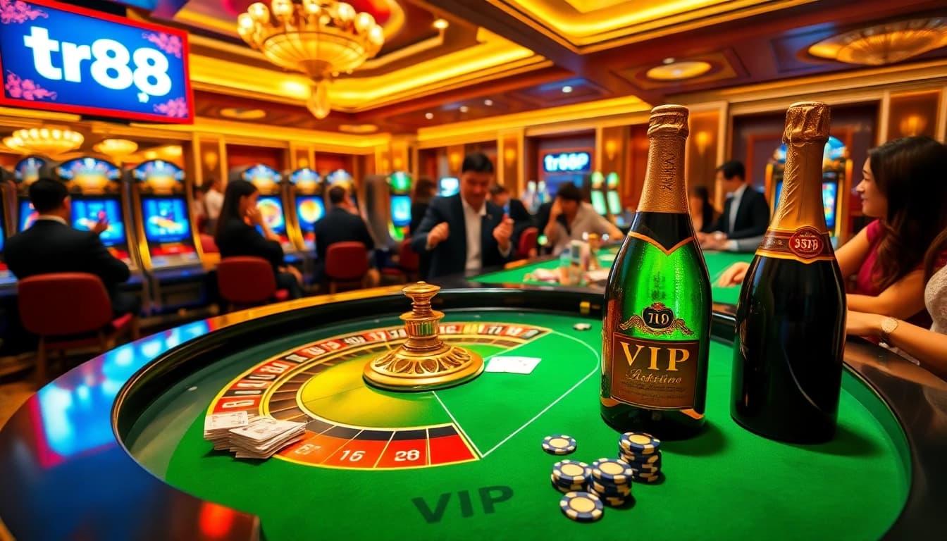 Players celebrating their wins at the tr88 vip luxury casino table with roulette and poker chips.