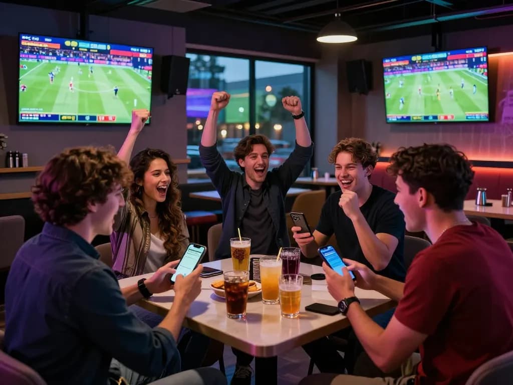 Exciting sports betting atmosphere at a lounge with 1gom enthusiasts cheering for their teams.