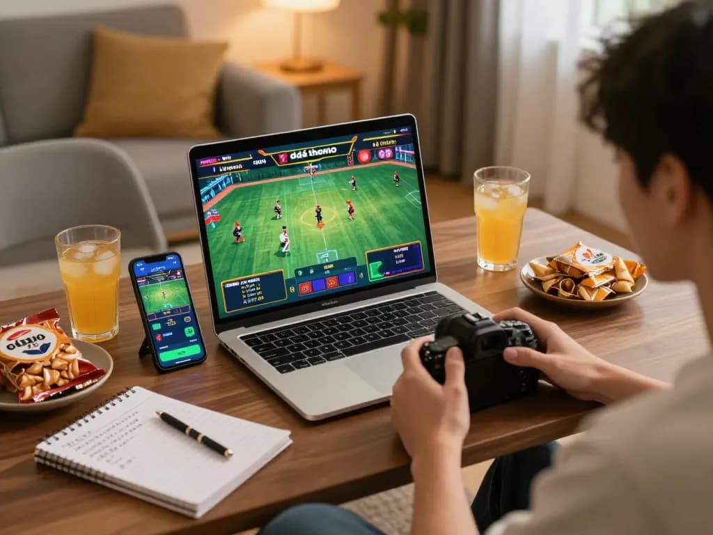 Engage with live đá gà thomo action through this vibrant home gambling setup featuring a laptop and betting app.