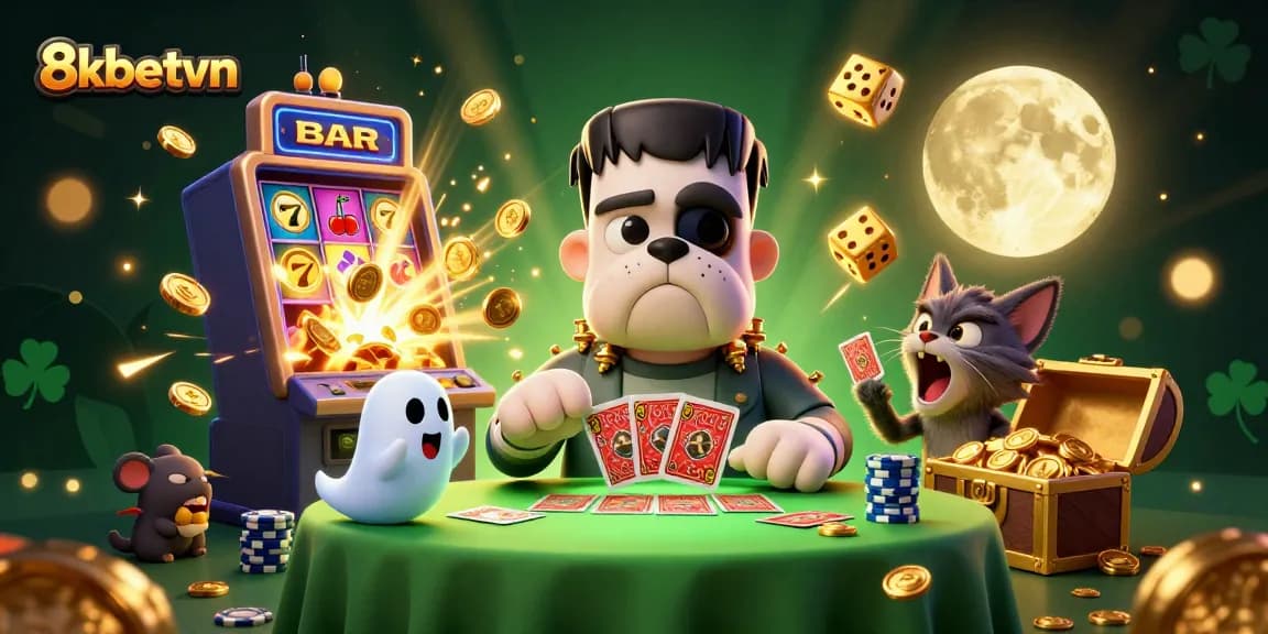 Engage with the thrilling energy of 8kbetvn at a vibrant casino scene featuring charismatic characters and dynamic game elements.