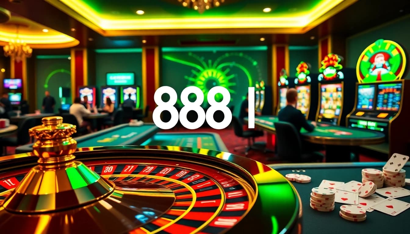 Experience the thrill of 888VI at an exciting casino scene with vibrant games and players engaged.