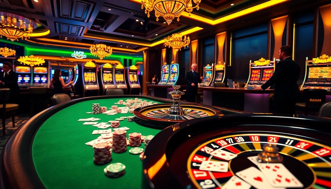 Experience thrilling gameplay at OKFUN with vibrant casino tables and engaging dealers.