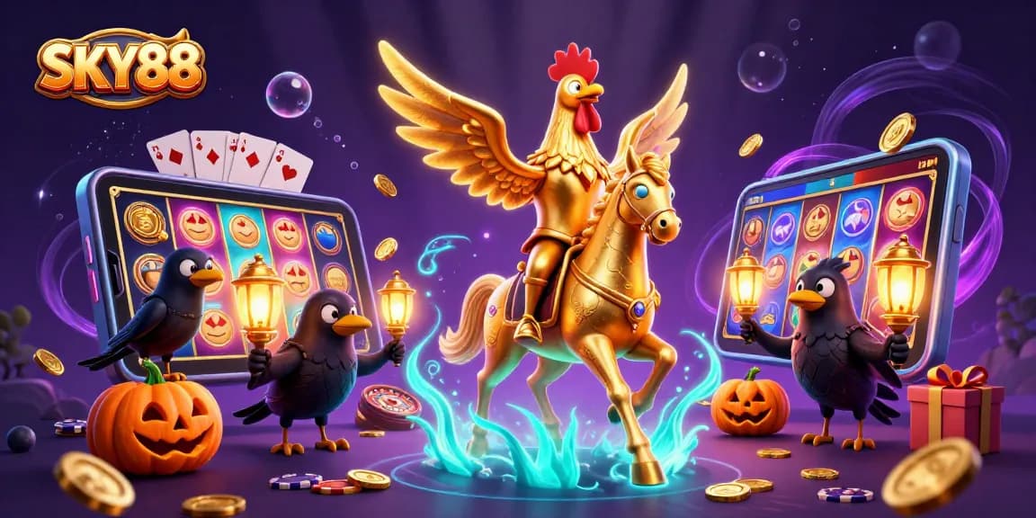 Experience thrilling gameplay at SKY88 with cartoon characters amidst a vibrant casino scene.