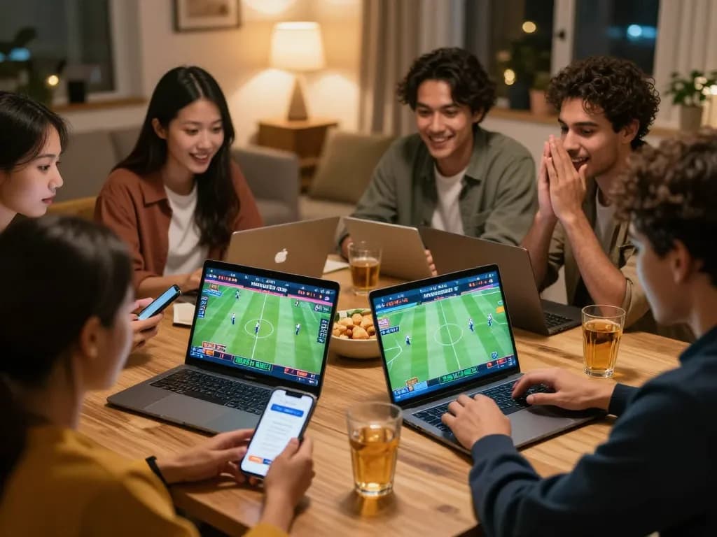 Friends engaging in sports betting on 7mcn using smartphones and laptops during World Cup 2026.