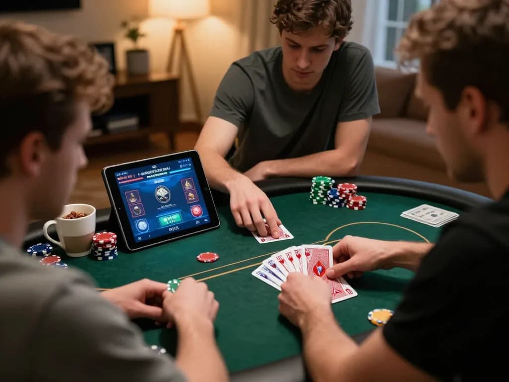 Engaging online poker session on tablet with MM88 interface, showcasing strategic gameplay and concentration.