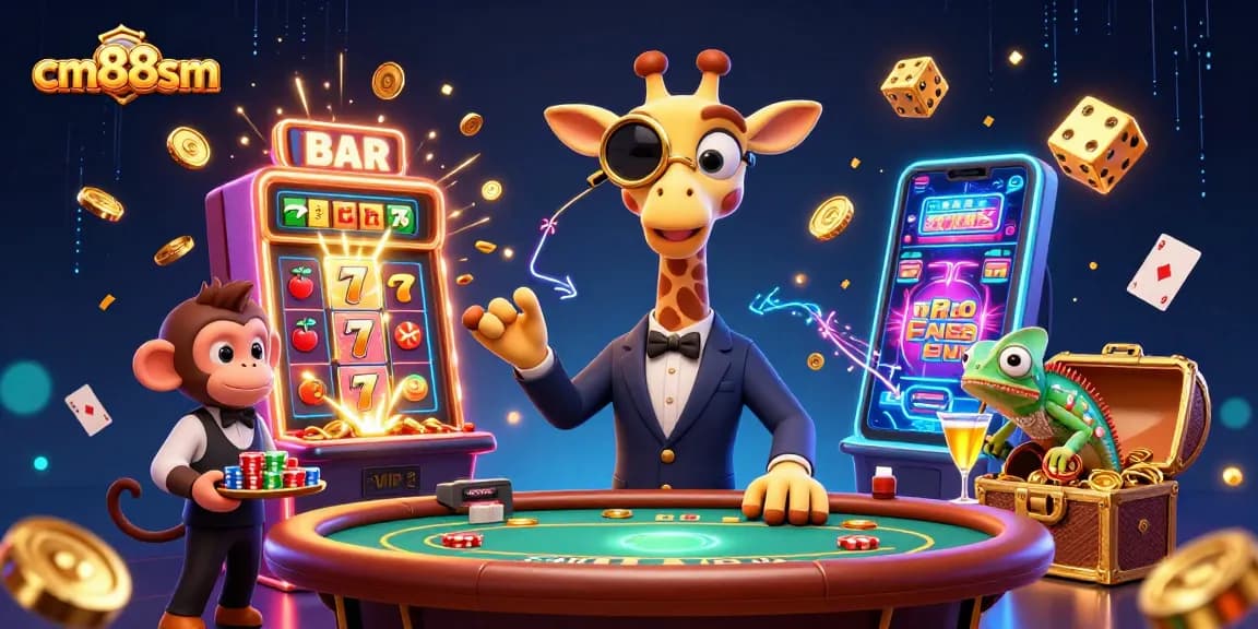 cm88sm showcases a high-roller giraffe at a VIP poker table amidst a glittering jackpot explosion.