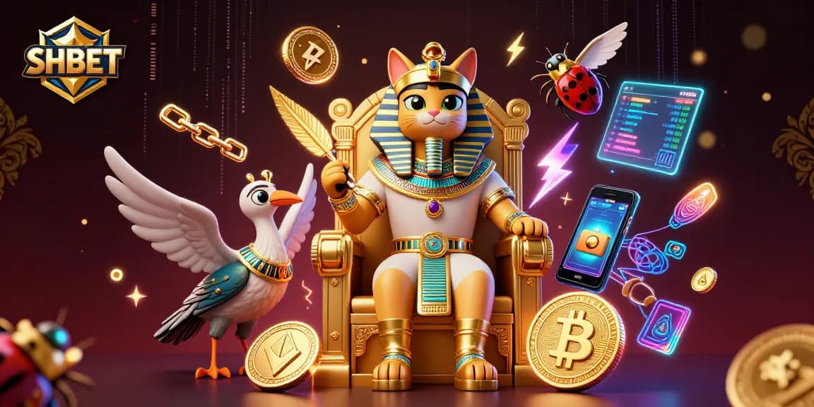 Engage in thrilling gameplay at SHBET with a vibrant 3D digital casino scene full of gold and crypto elements.