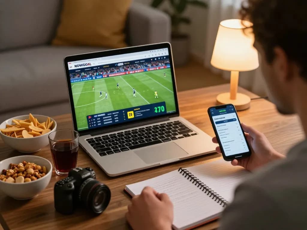 Engaged bettor analyzing NOWGOAL live scores on a laptop during a football match.