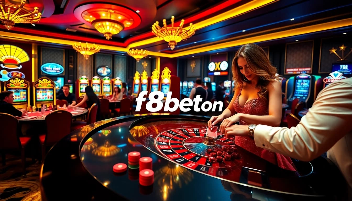 Excited players win at f8bet.com under bright casino lights, showcasing vibrant gaming tables.
