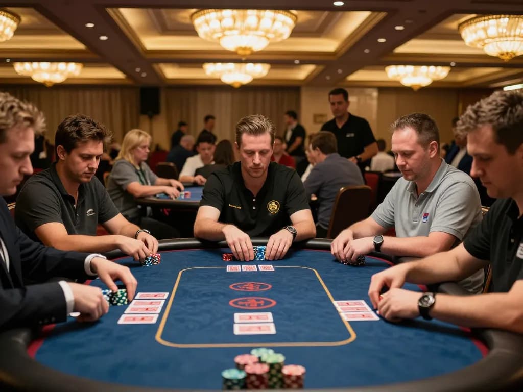 Participating in a thrilling poker game at QQ88 casino, showcasing intense player focus and vibrant atmosphere.