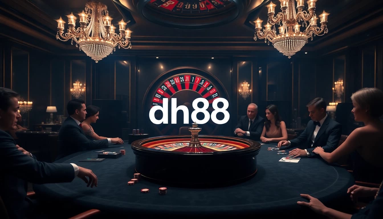 Engaged gamblers strategizing at a high-stakes poker table with dh88-themed décor.