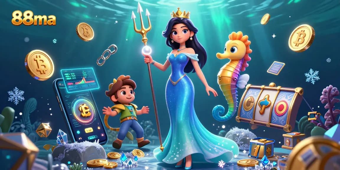 Experience thrilling wins at 88ma with captivating underwater casino illustration featuring treasure and slot games.