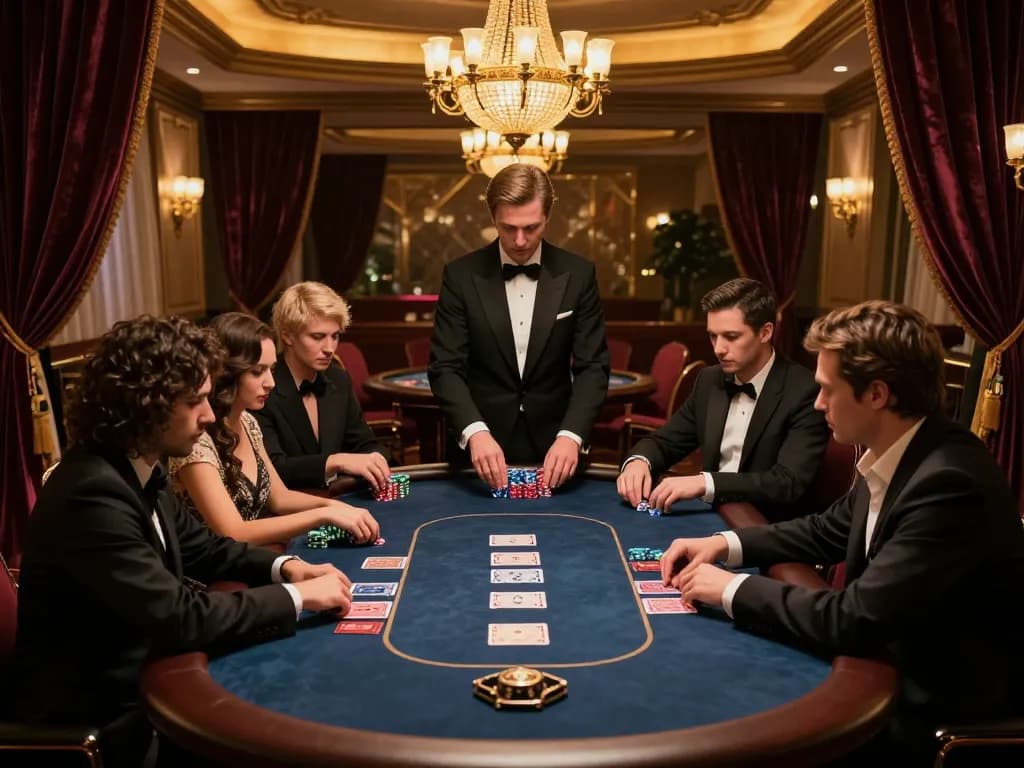 Kuwin players engaging in strategic poker game at high-roller table in luxurious setting with elegant decor