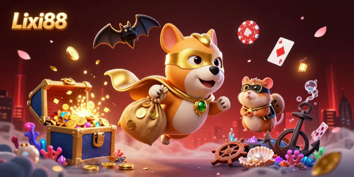 Lixi88's vibrant 3D rendering showcases a superhero dog and hamster in a casino-themed adventure, celebrating wins with gold coins and games.