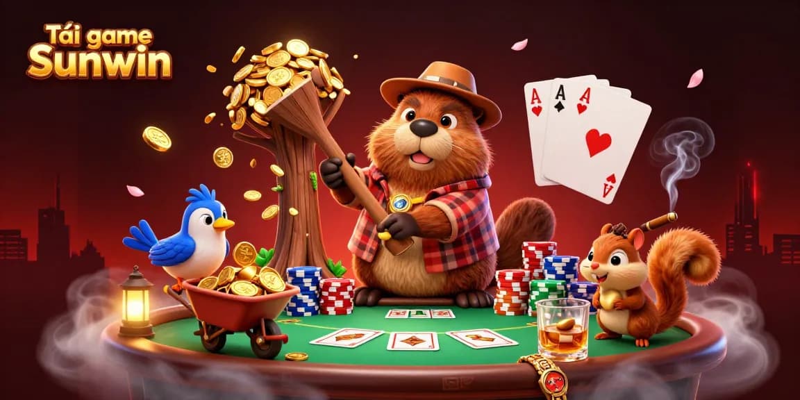 Tải game Sunwin with interactive characters amid a vibrant casino scene filled with coins and cards.