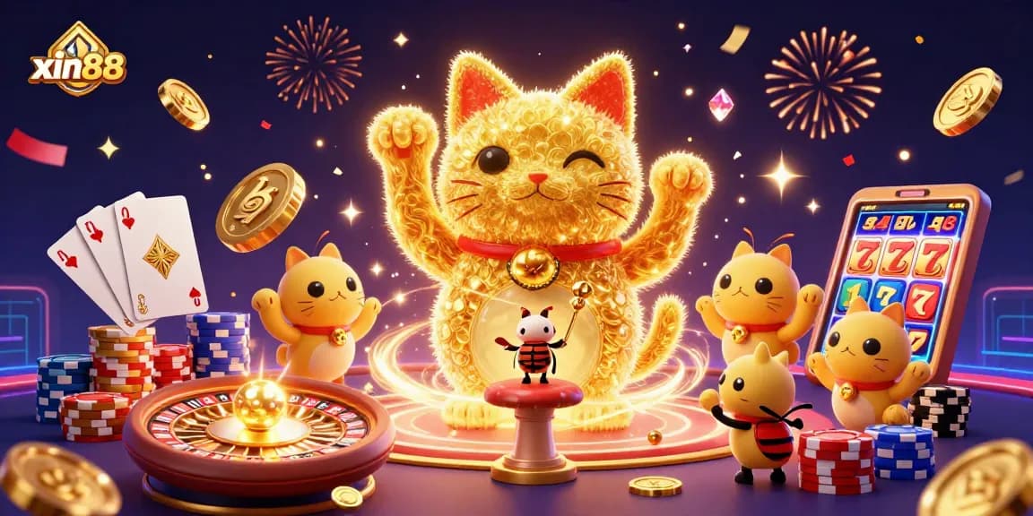 Engage with xin88 as golden fireflies create a lucky cat amidst casino excitement.