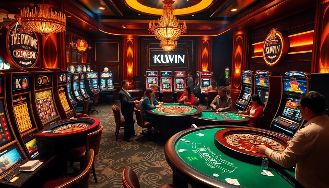 KUWIN players experiencing thrilling casino games at an elegant table with vibrant slot machines.