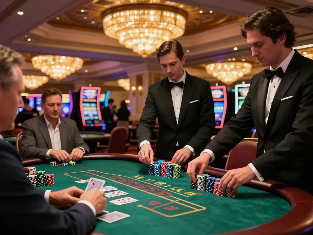Players engaged at a blackjack table, showcasing DA88 strategic gameplay in a luxurious casino setting