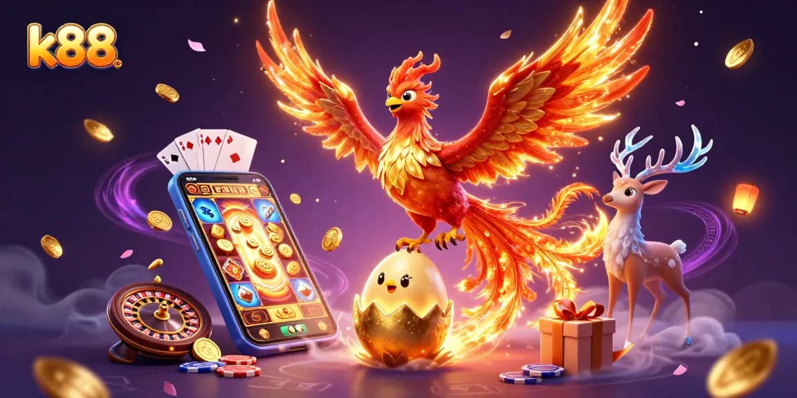 Join the k88 gaming adventure with vibrant slots and legendary characters in a mythical casino scene.