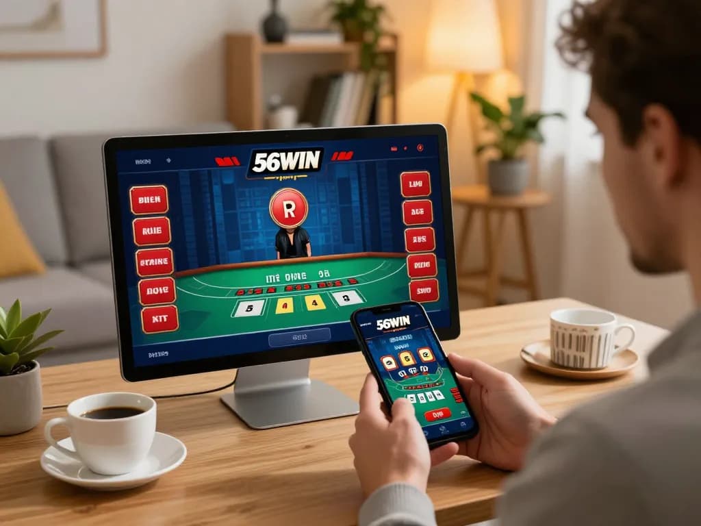 Player enjoying 56WIN mobile app for casino gaming, immersed in strategic gameplay.