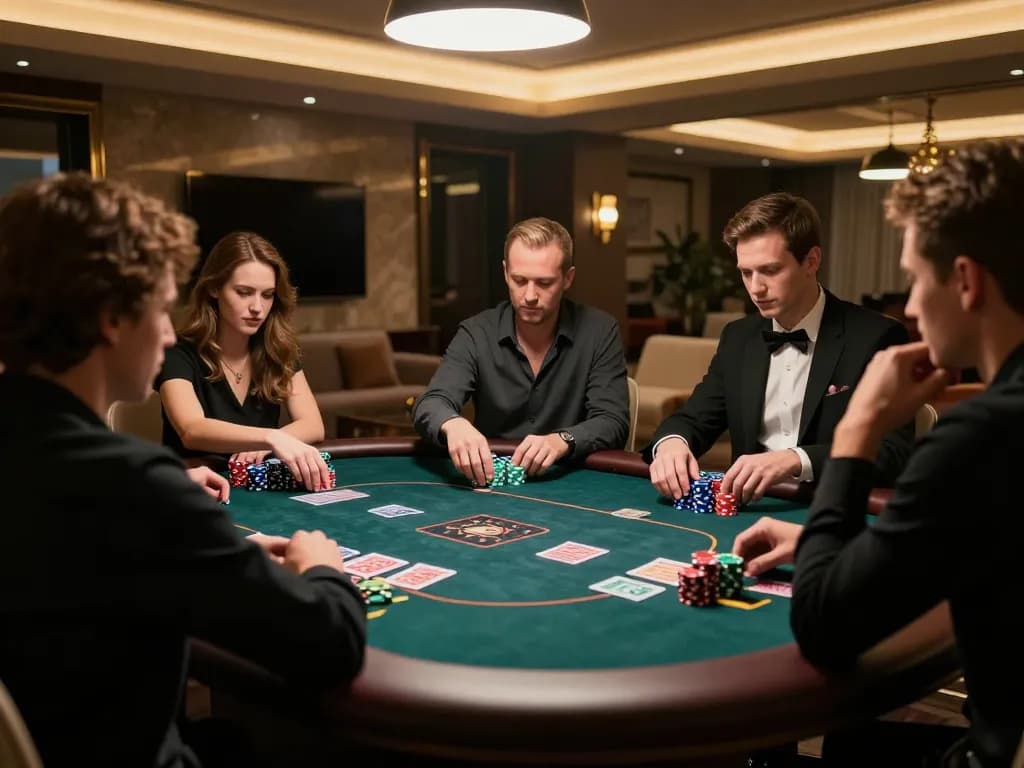 Players engage in high-stakes poker at nhà cái jun88 in an elegant gaming room