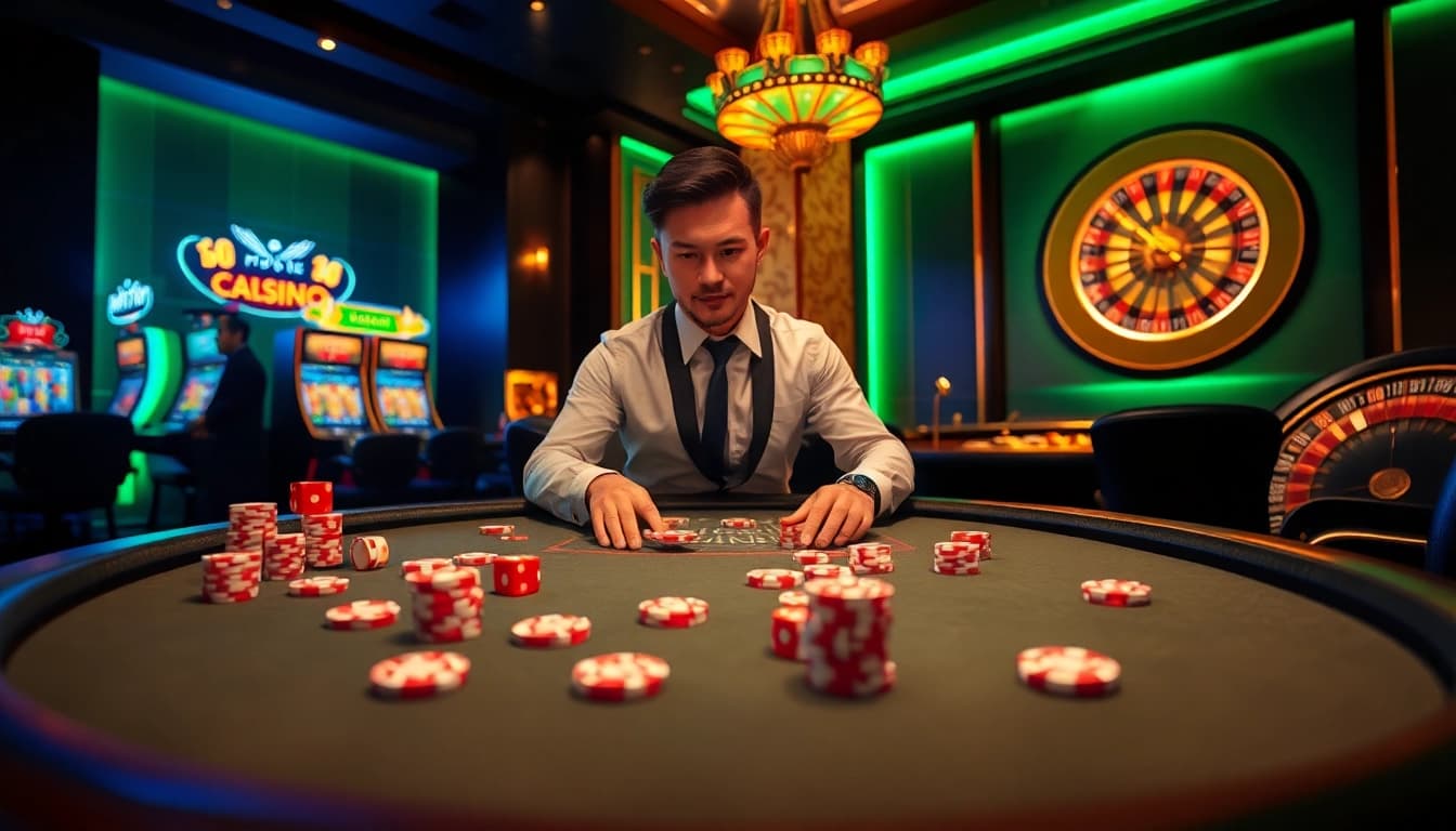 Engage in exciting gameplay at FIVE88 with a vibrant casino atmosphere featuring poker and slots.