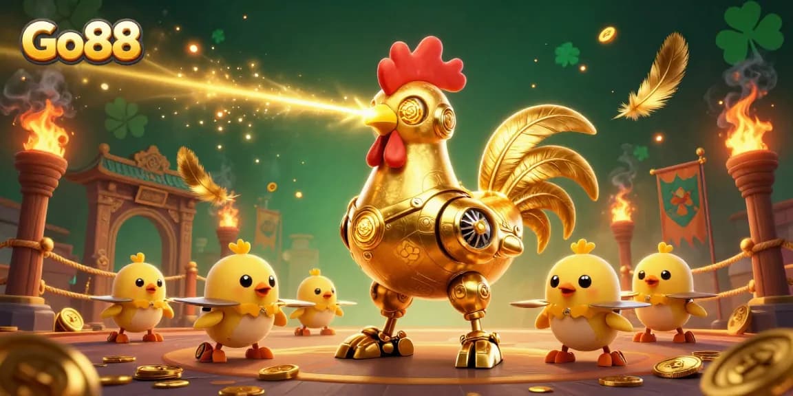 Engage with Go88's lively casino atmosphere featuring golden rooster robots and vibrant game elements.