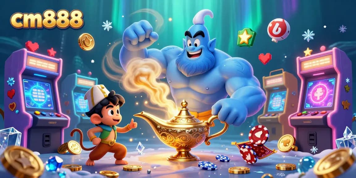 Experience magical wins with cm888 in this vibrant casino-themed illustration featuring a genie and a monkey.