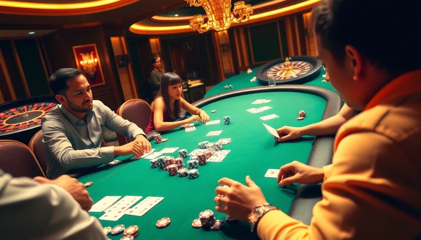 Intense poker game at an upscale casino featuring thabet777 poker chips and betting slips.