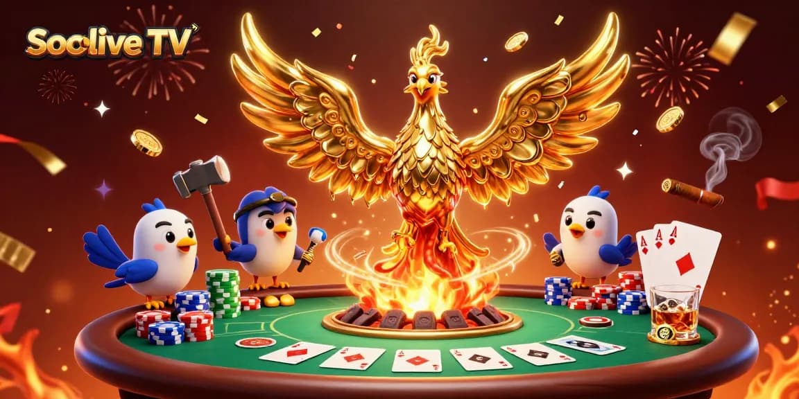 Socolive TV offers an exciting poker experience with a molten phoenix and vibrant gaming elements.