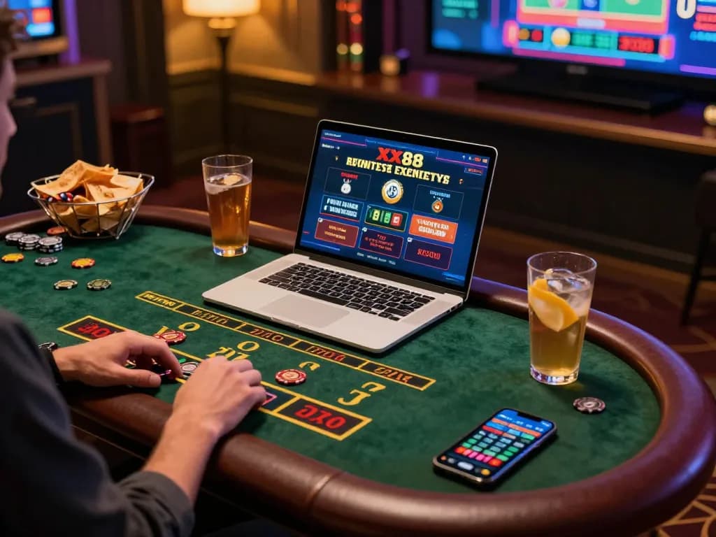 Experience live dealer games at XX88 from a cozy home setup with snacks and betting options.