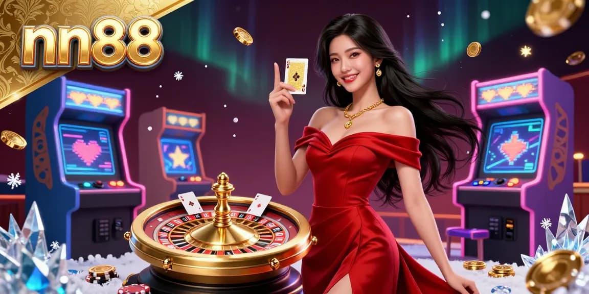 Engage in thrilling casino action with nn88, featuring a confident Asian woman and dynamic gaming elements.