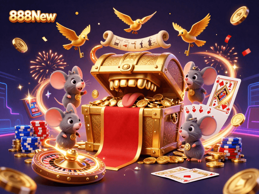 Experience the thrill of 888New with dynamic casino elements shining in a vibrant illustration.