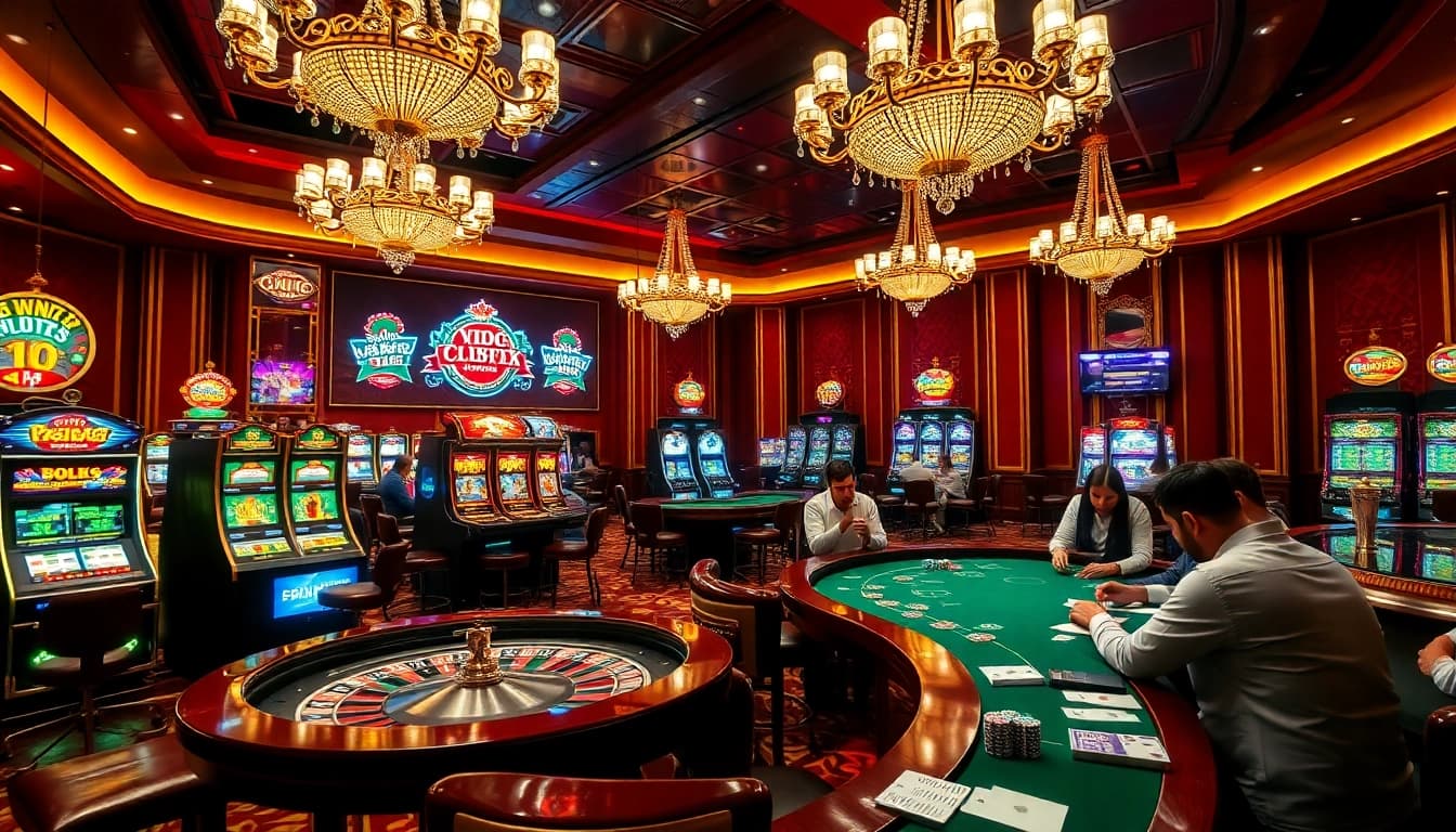 SODO casino scene with roulette table, slot machines, and poker action, embodying excitement and luxury.
