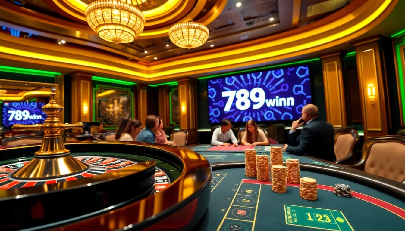 Excited players engaging with games at 789winn's luxurious casino, showcasing vibrant roulette and poker chips.
