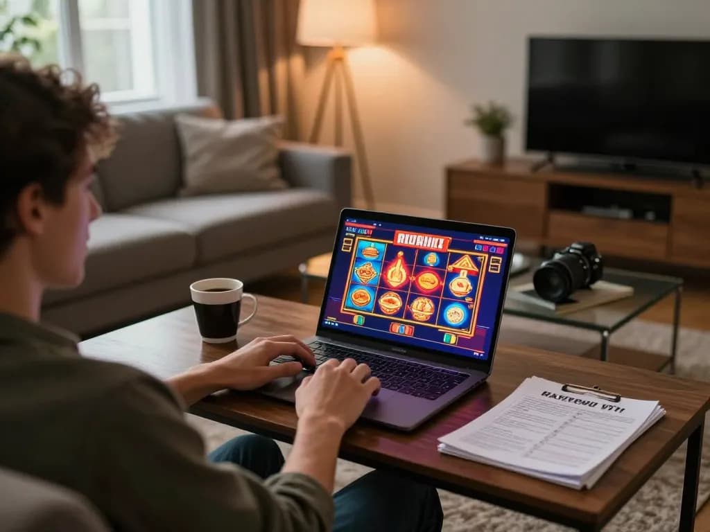 Player enjoying 92slot online casino games, showcasing stylish laptop setup and cozy ambiance.