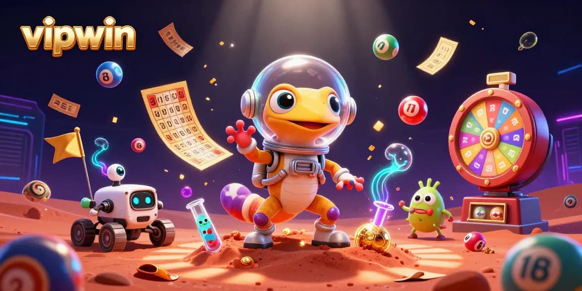 Engage with vipwin in a vibrant casino scene featuring a Martian gecko and dynamic gaming elements.
