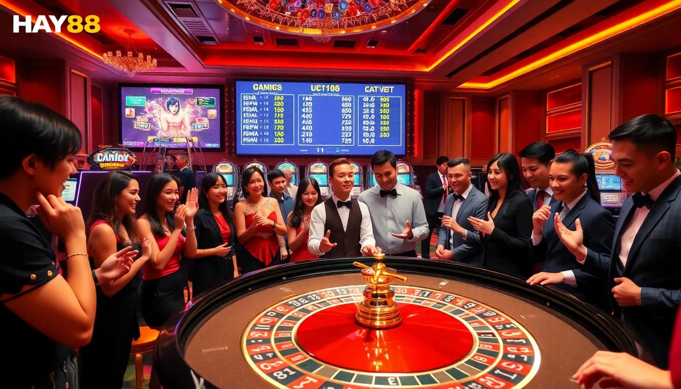 Experience an exciting game at HAY88 casino with vibrant roulette and engaged players.