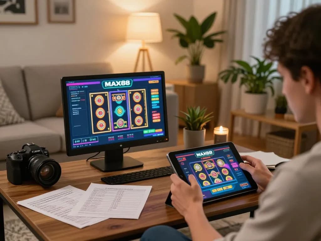 Engaging in strategic online gameplay at MAX88 in a cozy home setting, showcasing user-friendly interface.