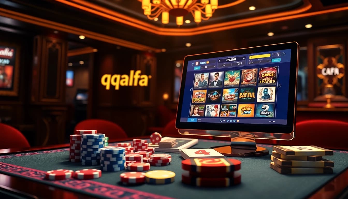 Experience the thrill of qqalfa with an immersive online casino scene featuring glamorous slot machines and poker chips.