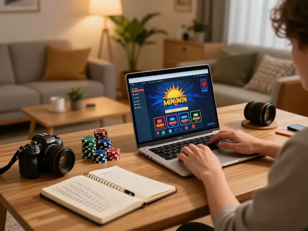 Engaged player enjoying sun win online casino experience on a laptop with strategic notes nearby.