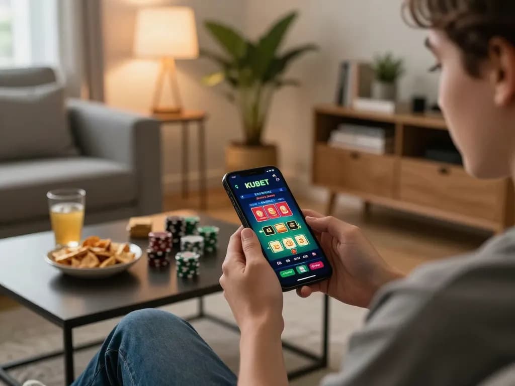 KUBET player engaging with mobile casino app in a stylish home setup.