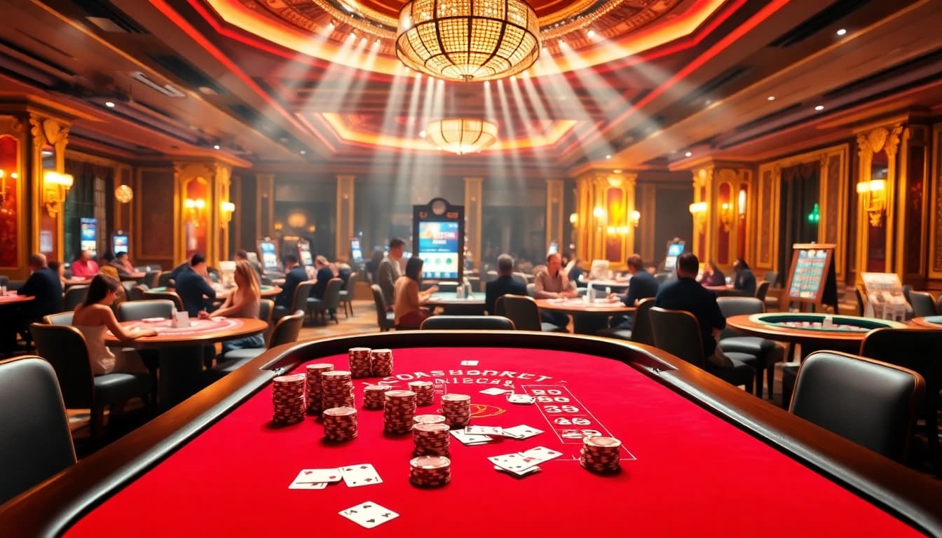 Experience the thrill of bong 88 at a lavish casino table featuring vibrant chips and engaged players.