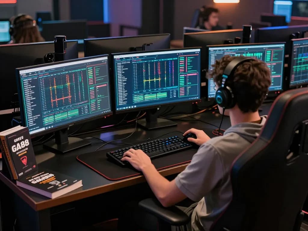 Engaging scene of a player analyzing GA88 betting strategies on multiple screens in a modern workspace.