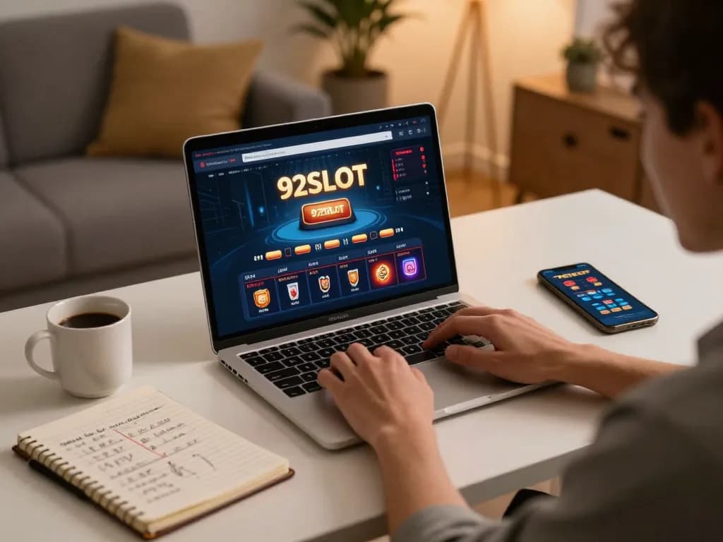 92SLOT online gaming session with user engaging on laptop, showcasing casino interface.