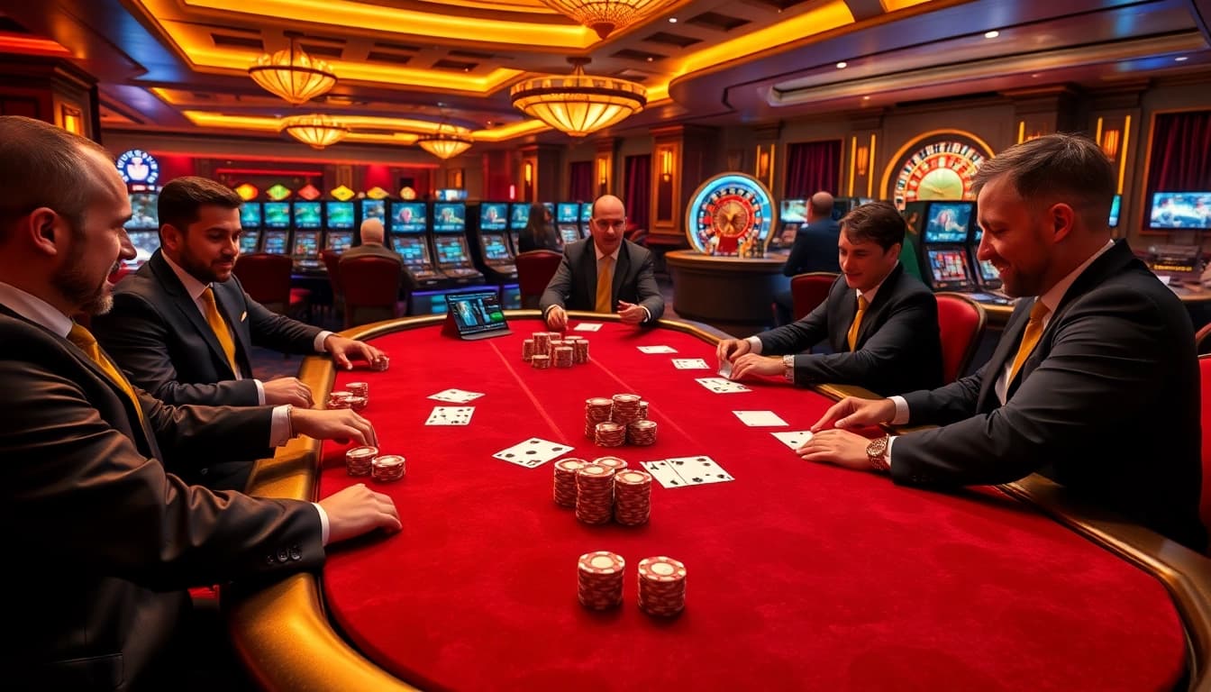 Experience the luxury of gambling at LuckyWin with a vibrant poker scene featuring professional dealers and high-stakes excitement.