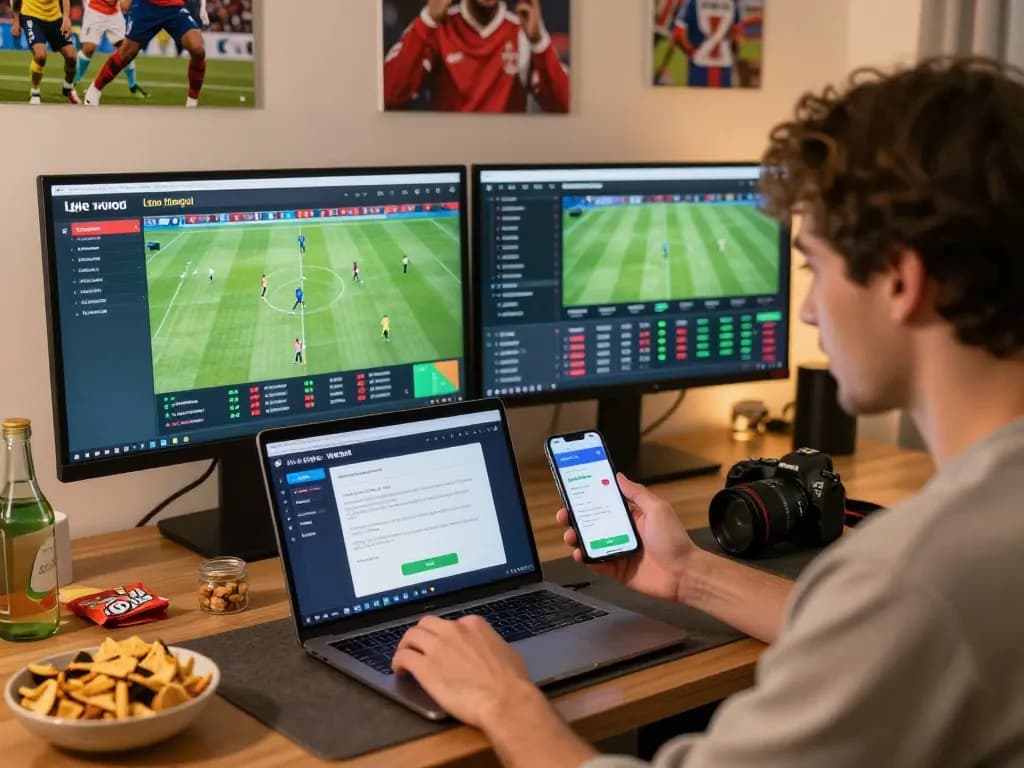 Engaged user exploring Nowgoal for live soccer scores and betting insights in an inviting home setting.