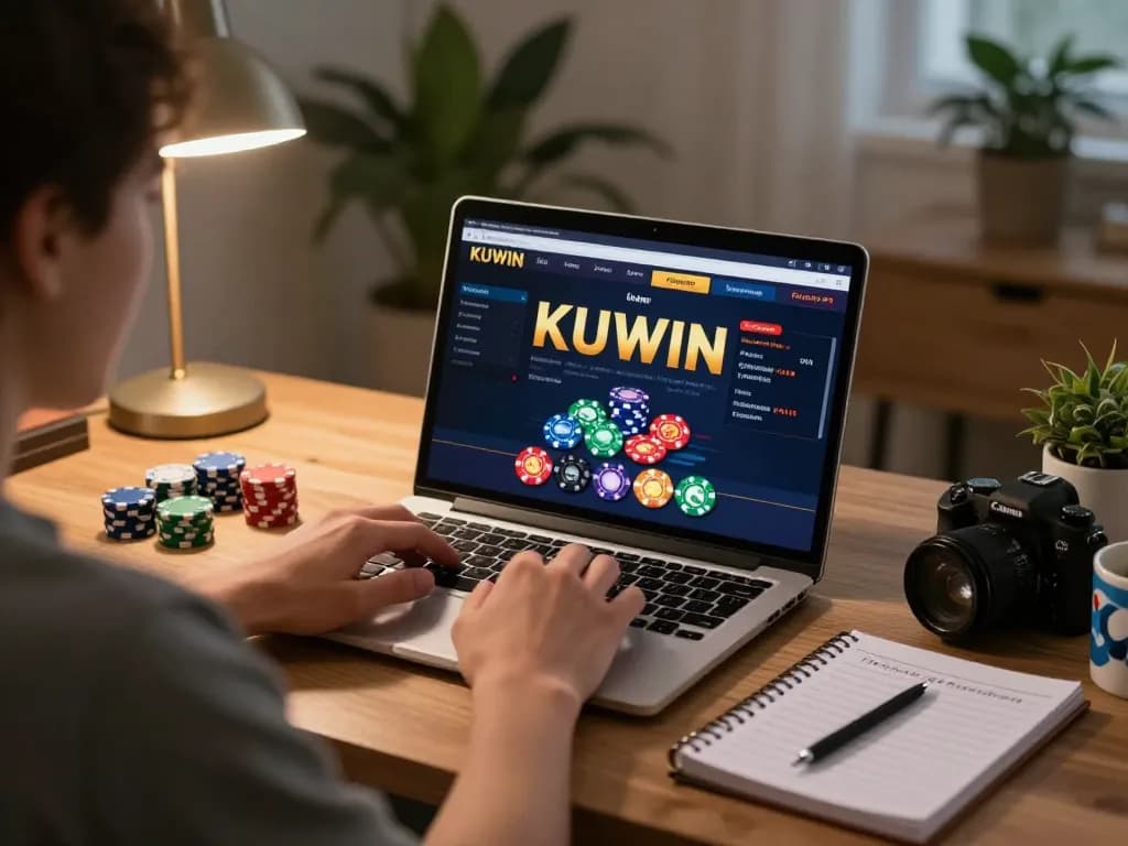 Kuwin online casino gameplay in a cozy home office setting with a laptop and poker chips.